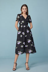 Black Tea Length V-neck Printed Dress with Puff Sleeves